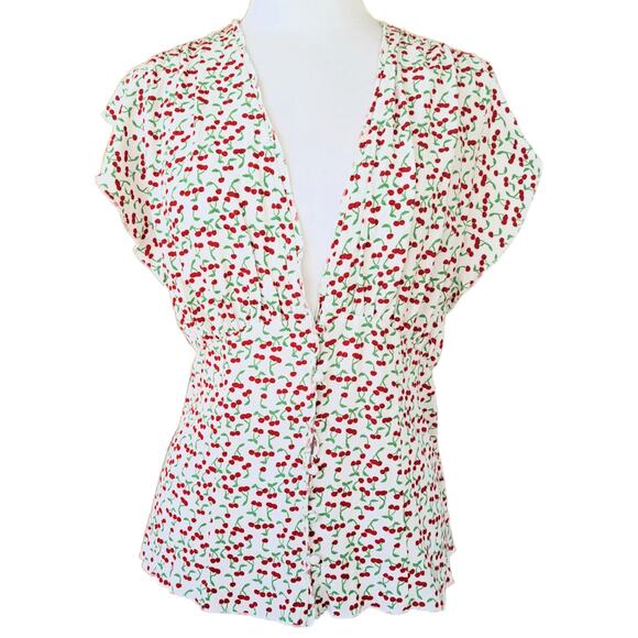 NEW FREE PEOPLE Cherry Print Bombshell Blouse Medium Top Retro Milkmaid Boho - Picture 3 of 11